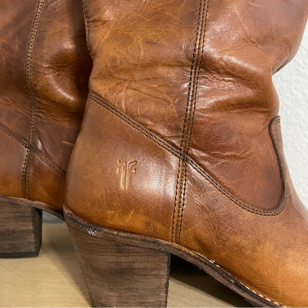 Frye Cognac Brown Leather Mid-Calf Heeled Boots - Picture 4 of 15